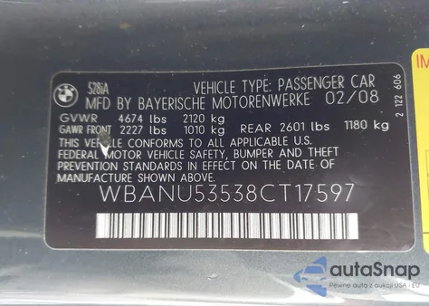 2008 BMW 528I из США, поврежденный, VIN WBANU53538CT17597